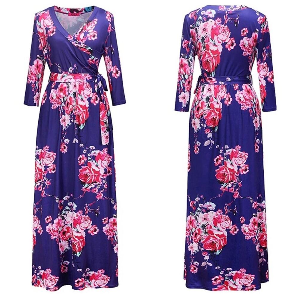 Elegant Ladies Autumn Long Maxi Blue Dress Women V Neck Floral Print A Line sm